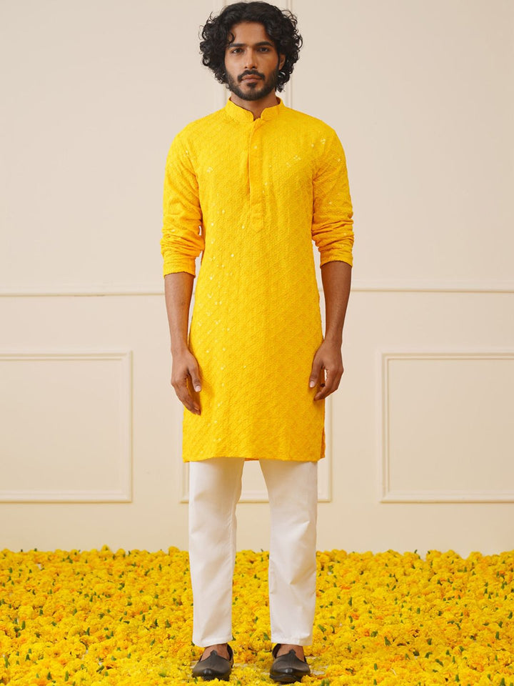 Jompers Geometric Embroidered Sequinned Pure Cotton Chikankari Kurta with Trousers