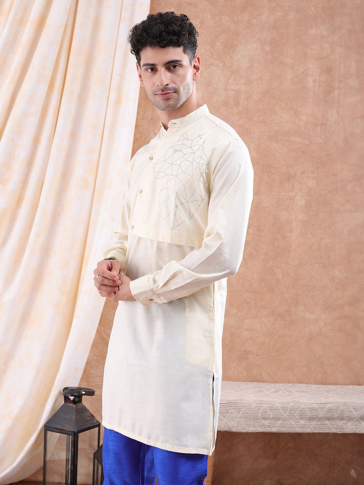The Indian Garage Co Men Cream-Coloured Printed Detail Layered Kurta