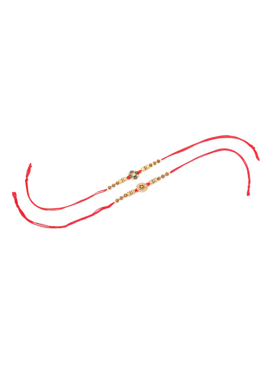NVR Unisex Set of 2 Artificial Stones & Beads Thread Rakhi With Roli Chawal Chandan Mishri