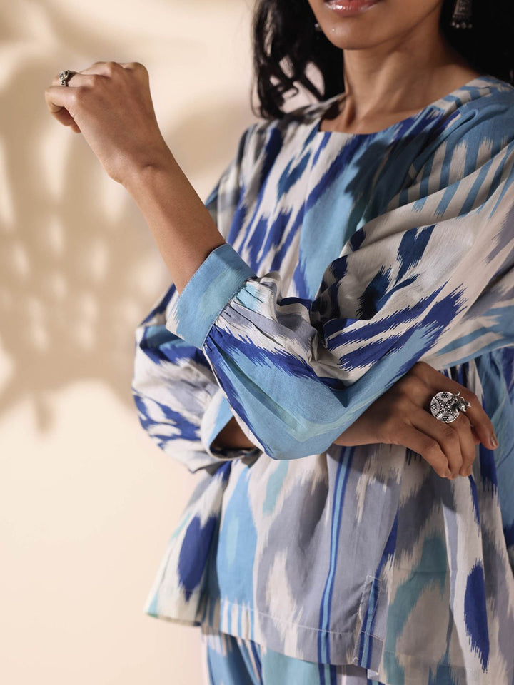 trueBrowns Malang Ikat Printed Pure Cotton V-Neck Top With Trousers