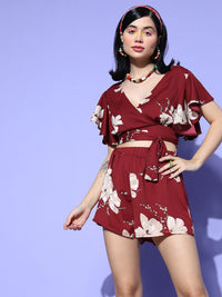 Berrylush Women Charming Maroon Printed Top with Shorts
