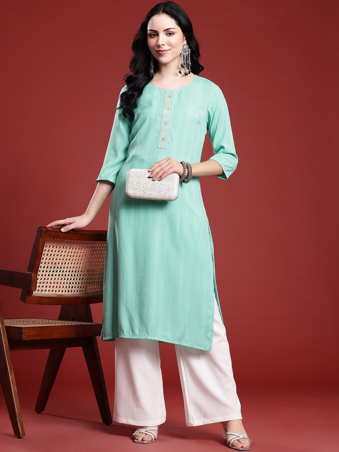 Anouk Woven Design Thread Work Straight Kurta