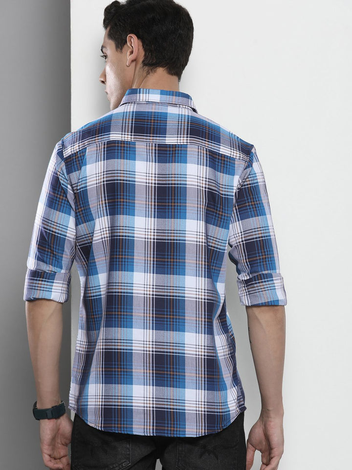 The Indian Garage Co Men Blue Tartan Checked Cotton Casual Shirt