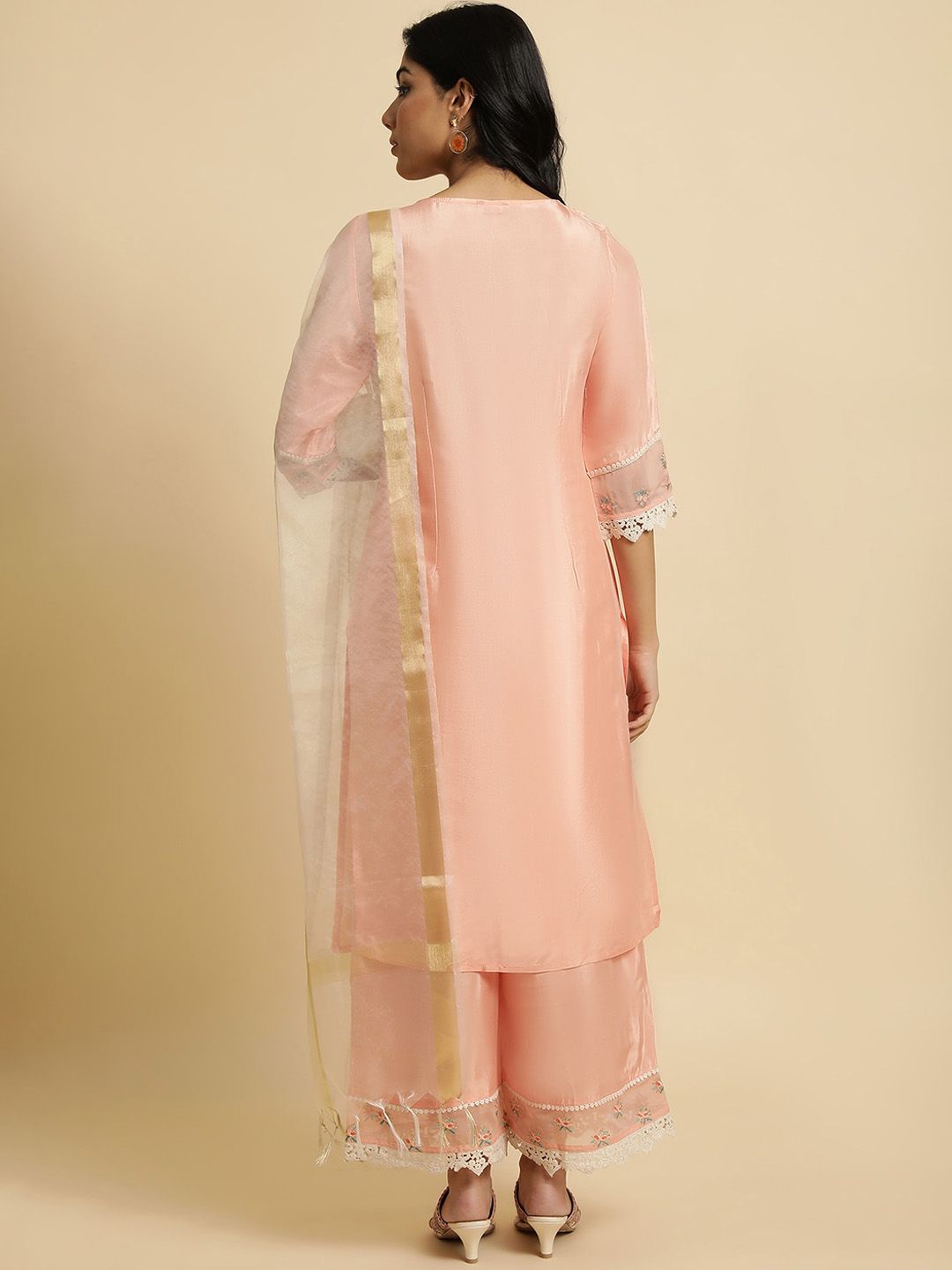 W Floral Embroidered Regular Thread Work Kurta with Palazzos & Dupatta