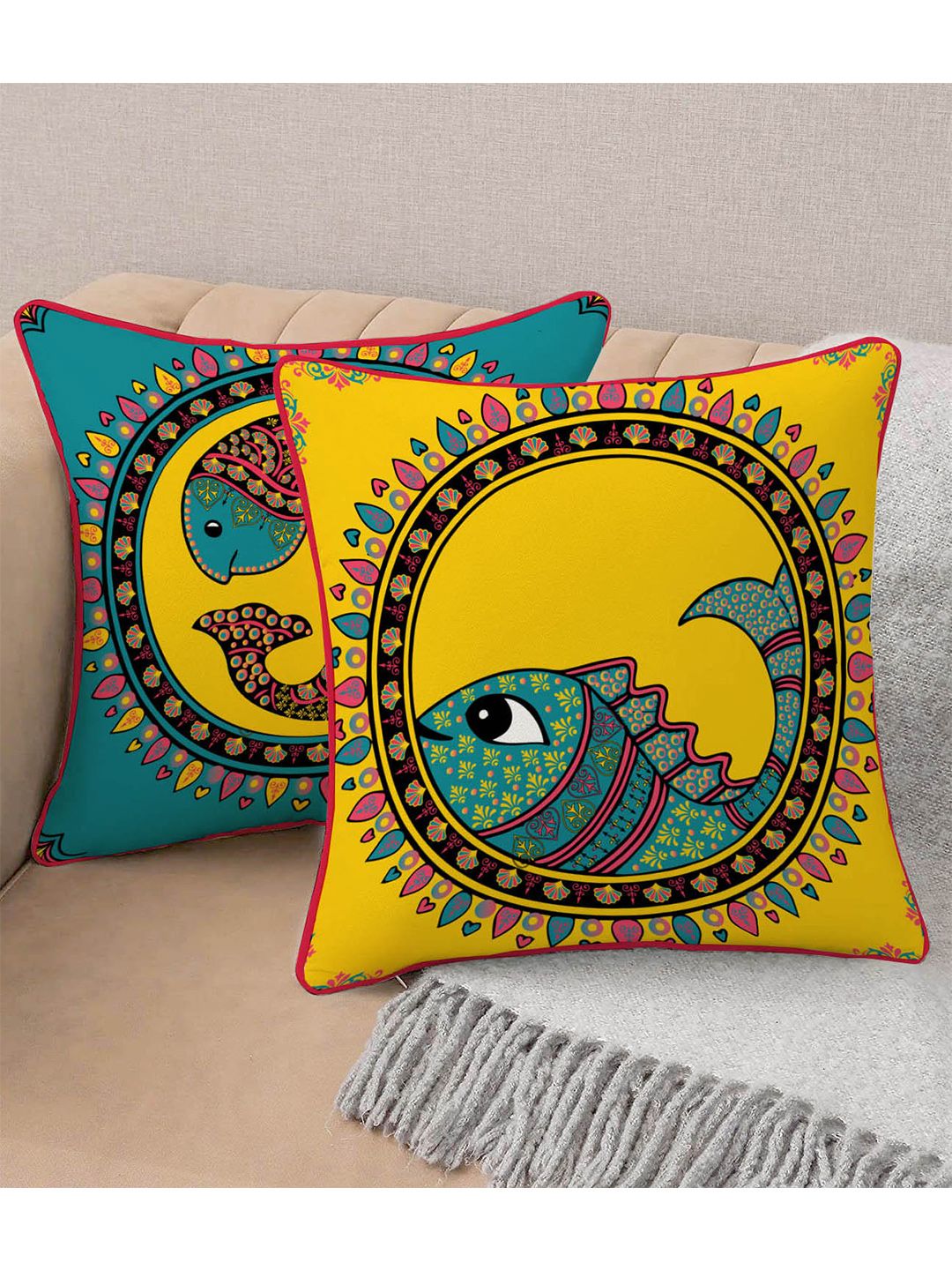 STITCHNEST Blue & Yellow Set of 2 Ethnic Motifs Velvet Square Cushion Covers