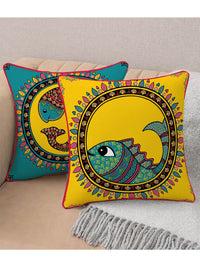 STITCHNEST Blue & Yellow Set of 2 Ethnic Motifs Velvet Square Cushion Covers