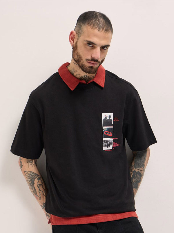 THE BEAR HOUSE Men Typography Printed Round Neck Cotton Relaxed Fit T-shirt