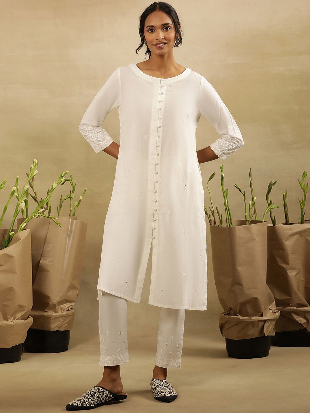 W Embellished Sequinned Pure Cotton Straight Kurta
