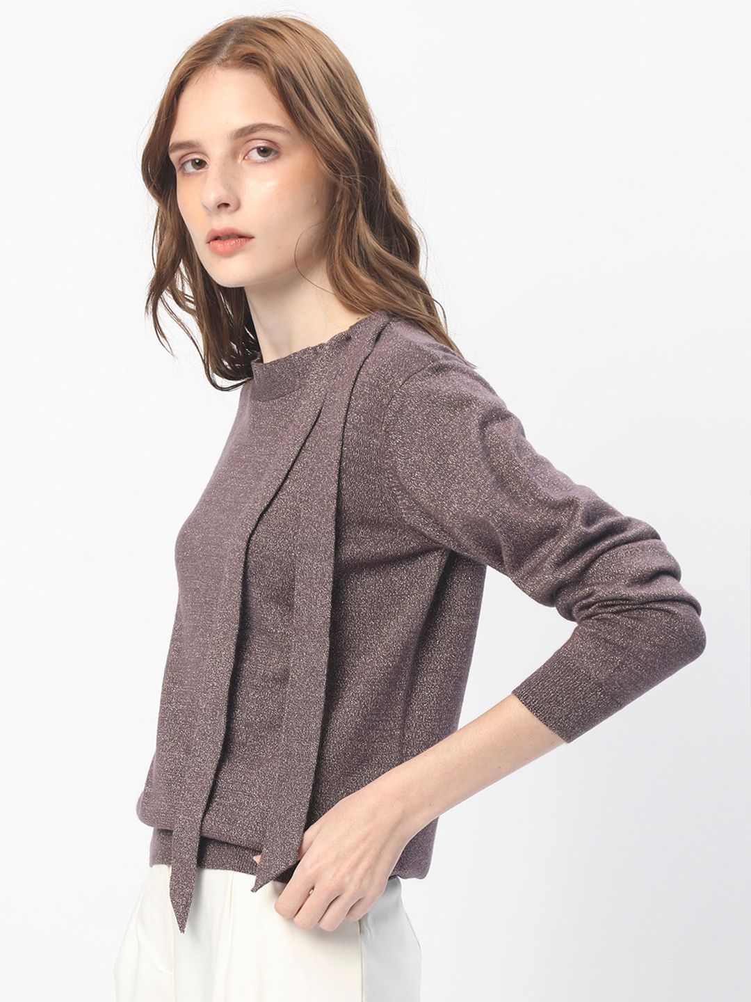RAREISM Round Neck Acrylic Tie up Shimmer Sweater