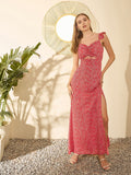 Berrylush Red Floral Printed Sweetheart Neck Flutter Sleeves Maxi Dress