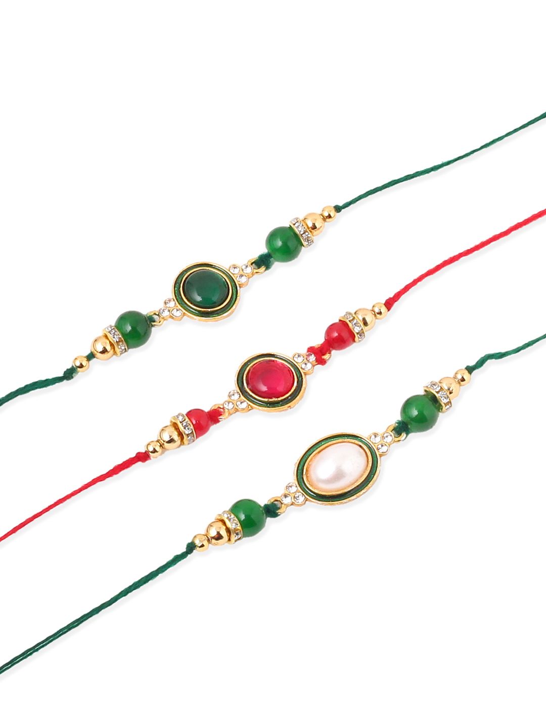 NVR Unisex Set of 3 Artificial Beads & Pearls Thread Rakhi with Roli Chawal Chandan Mishri