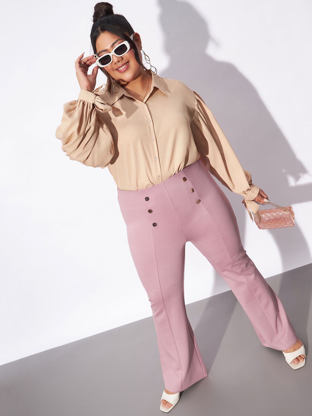 SASSAFRAS Curve Women Plus Size Pink Flared High-Rise Bootcut Trousers