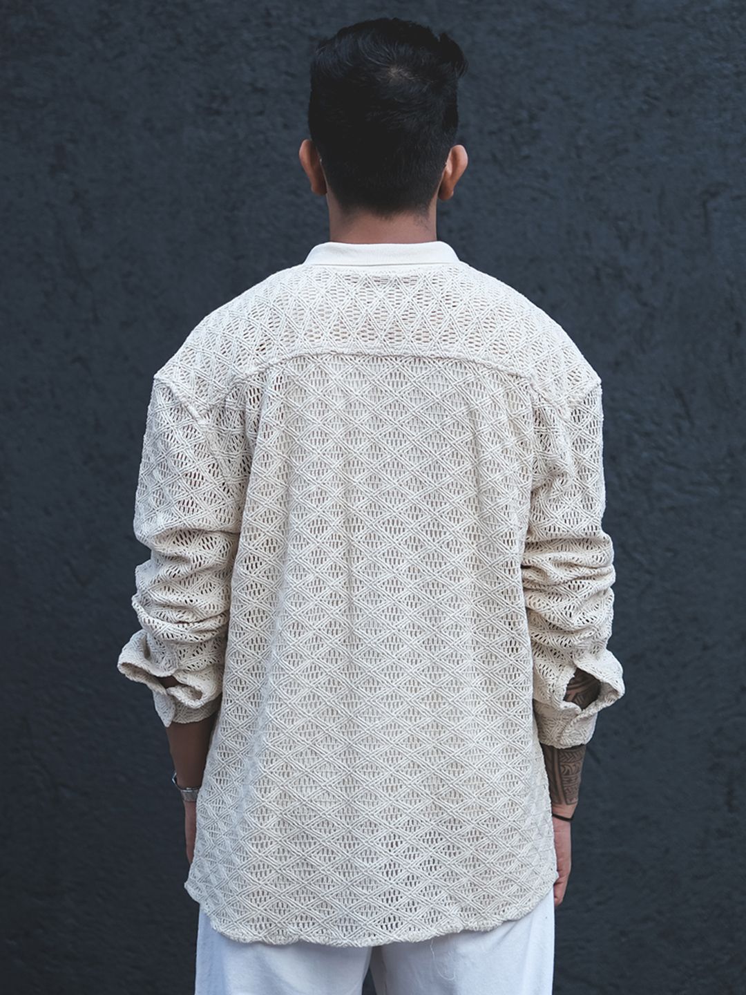 Powerlook White India Slim Oversized Geometric Self Design Crochet Semi Sheer Shirt