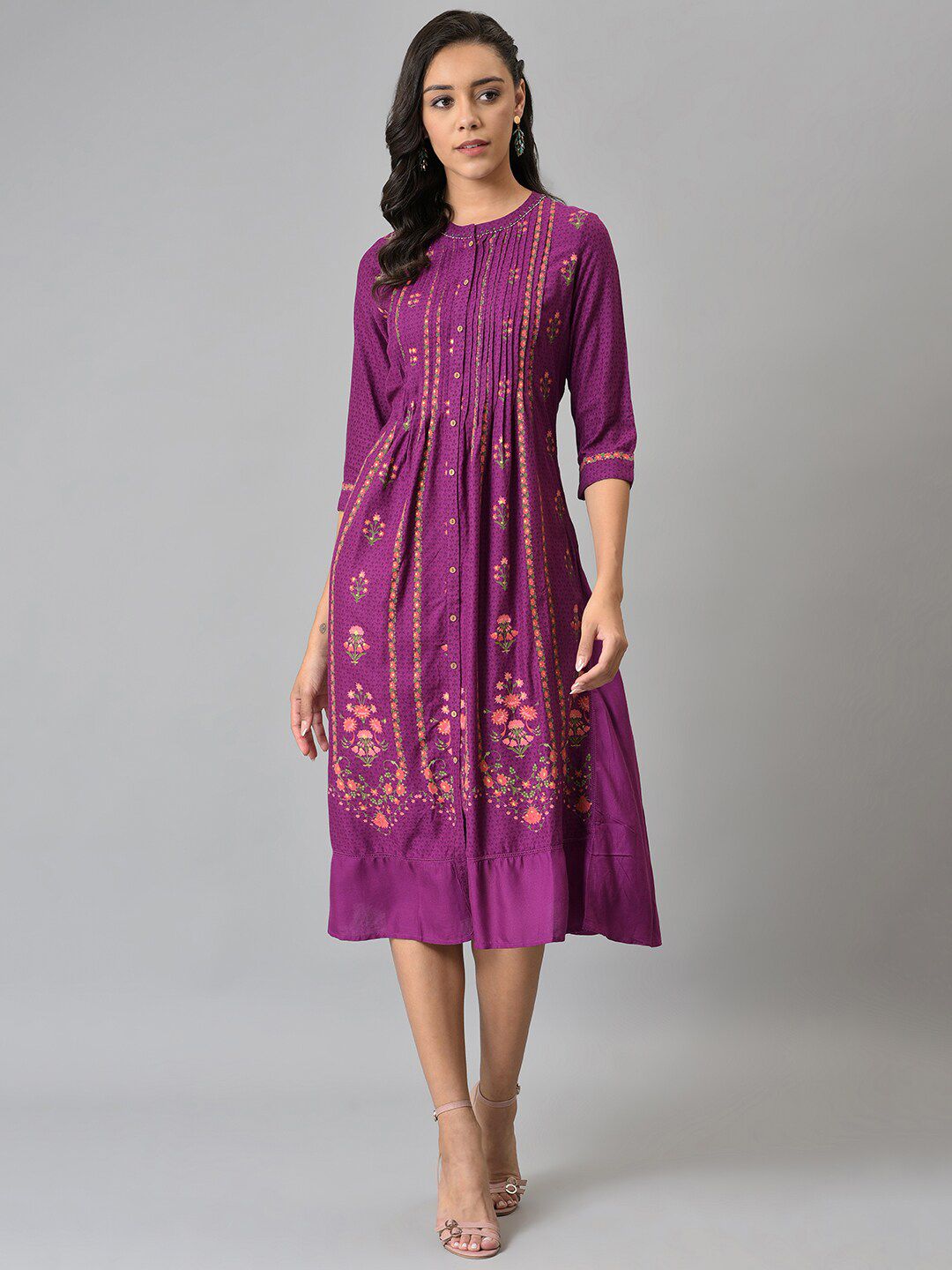 W Purple Ethnic Motifs Chiffon Ethnic A-Line Midi Dress