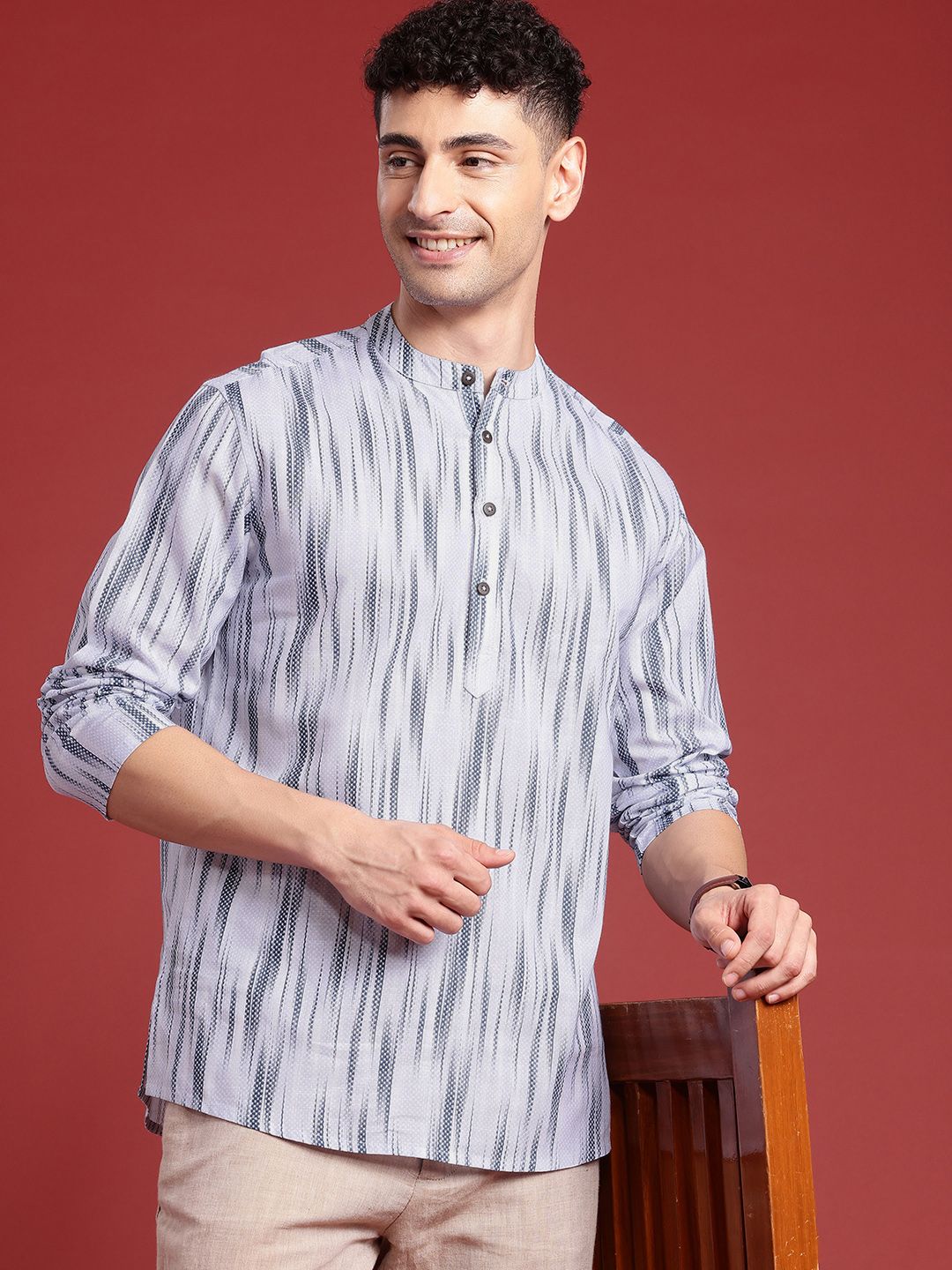 Anouk Men Ikat Printed Mandarin Collar Pure Cotton Short Kurta