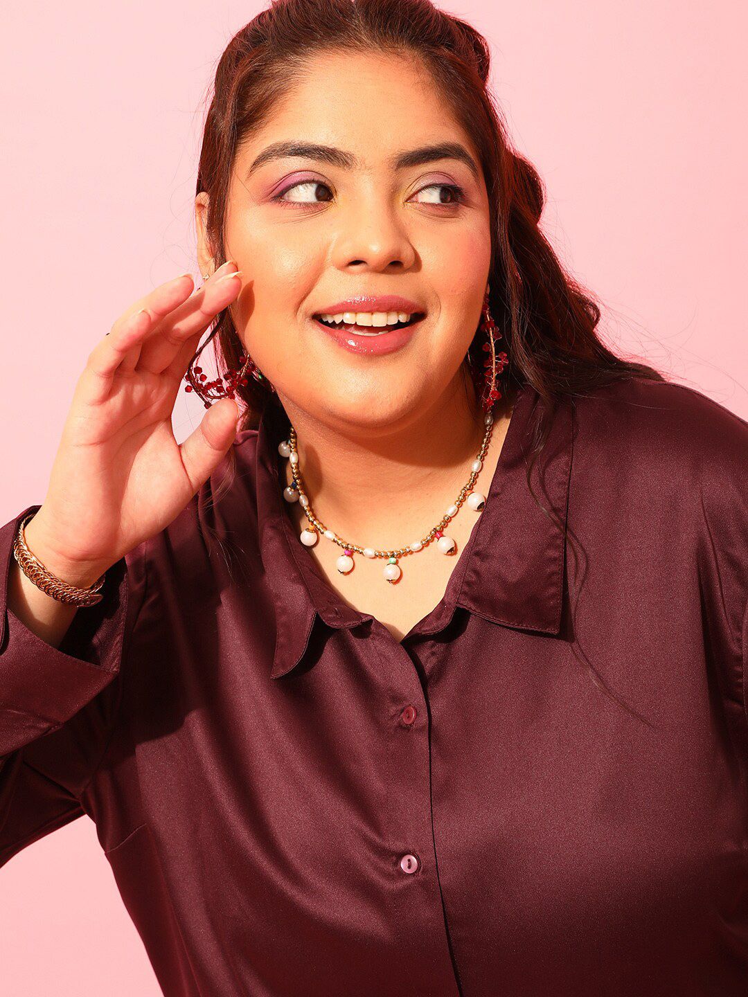 CURVY STREET Plus Size Burgundy Classic Satin Casual Shirt
