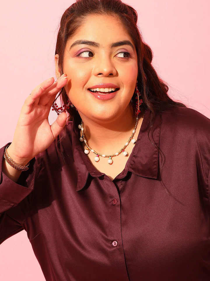 CURVY STREET Plus Size Burgundy Classic Satin Casual Shirt