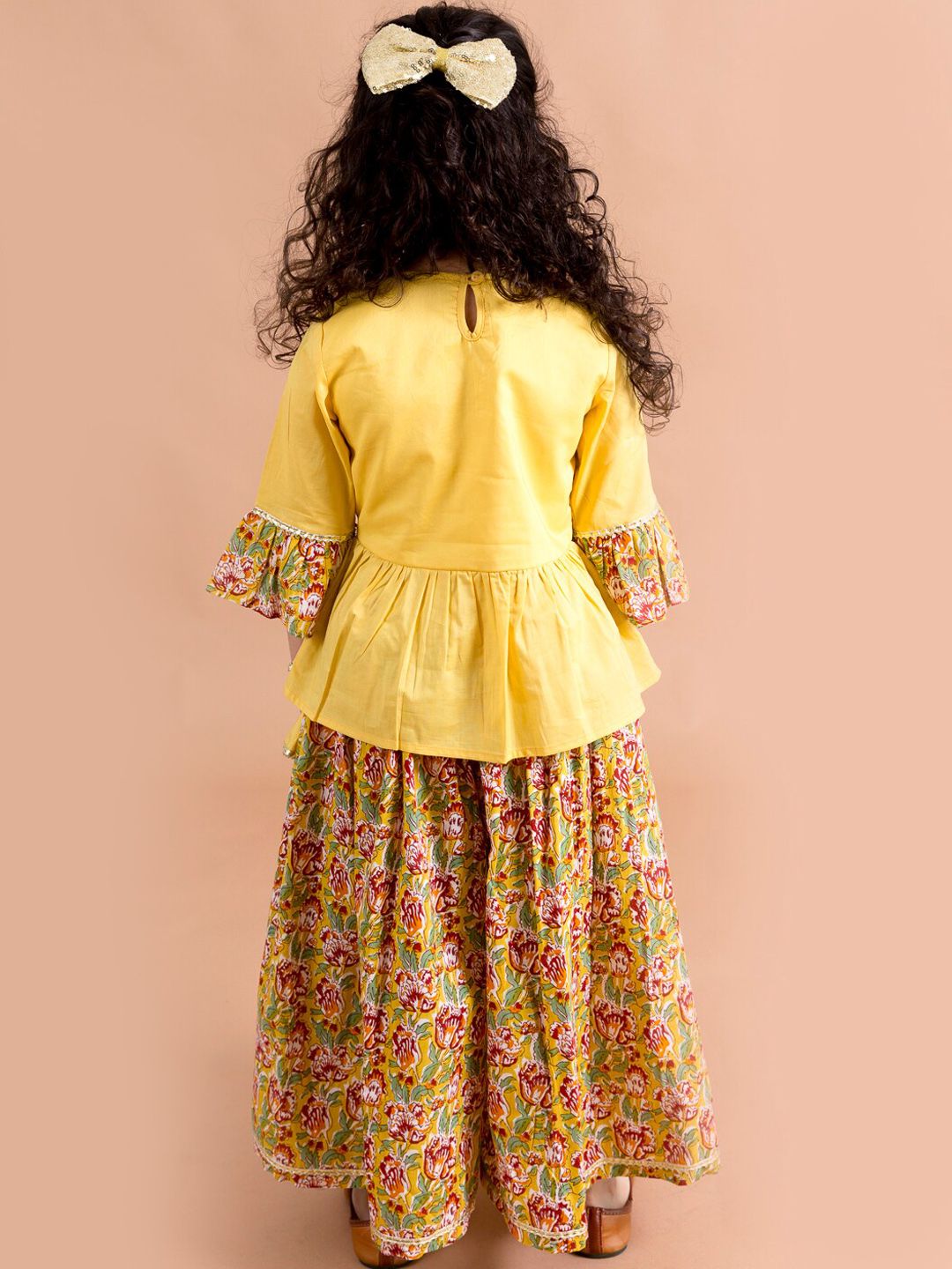 pspeaches Girls Mustard Yellow Floral Printed Angrakha Gotta Patti Pure Cotton Kurti with Palazzos