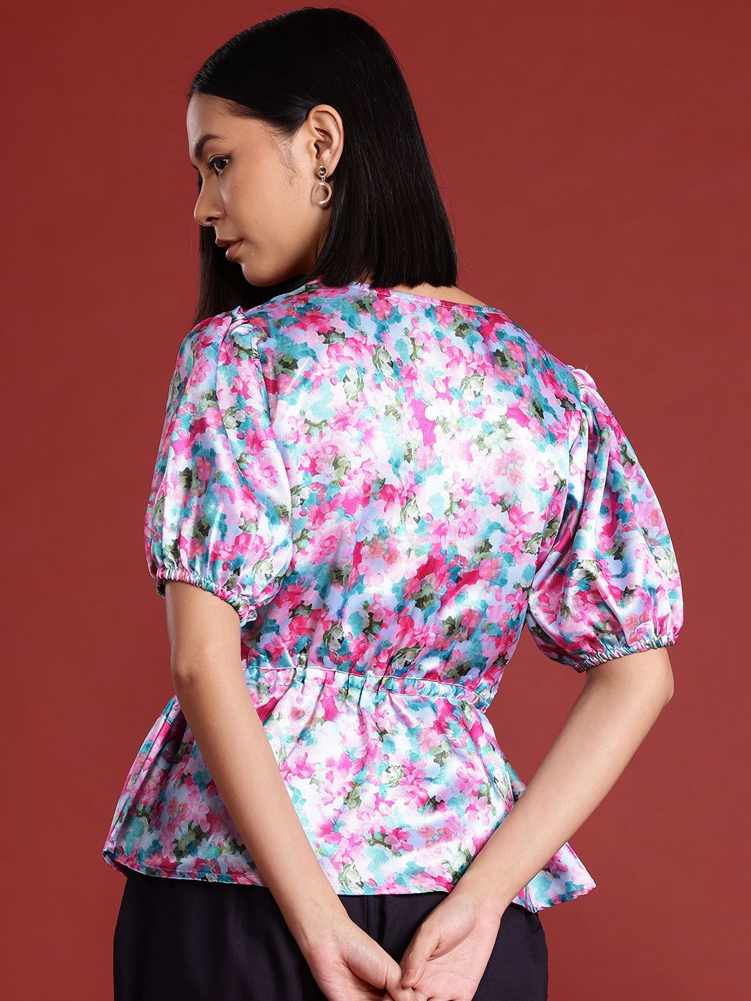 all about you Floral Printed Puff Sleeves Wrap Top