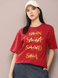 DILLINGER Women Typography Printed Embossed Oversized T-shirt