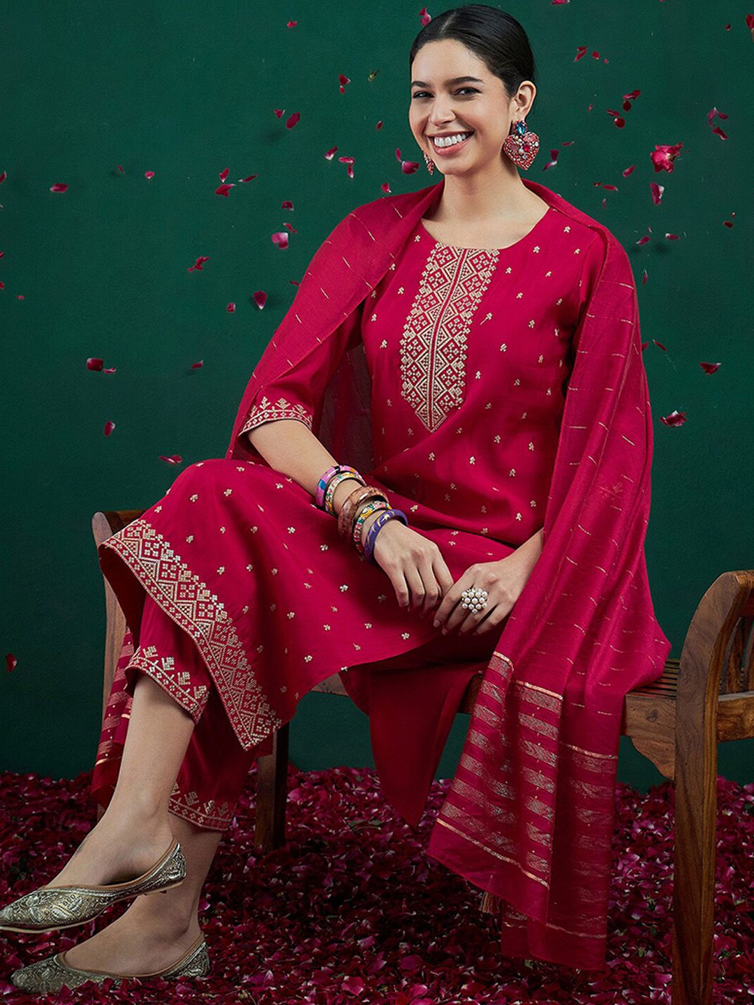 Indo Era Embroidered Sequinned Chanderi Silk Straight Kurta With Trousers & Dupatta