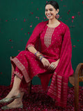 Indo Era Embroidered Sequinned Chanderi Silk Straight Kurta With Trousers & Dupatta