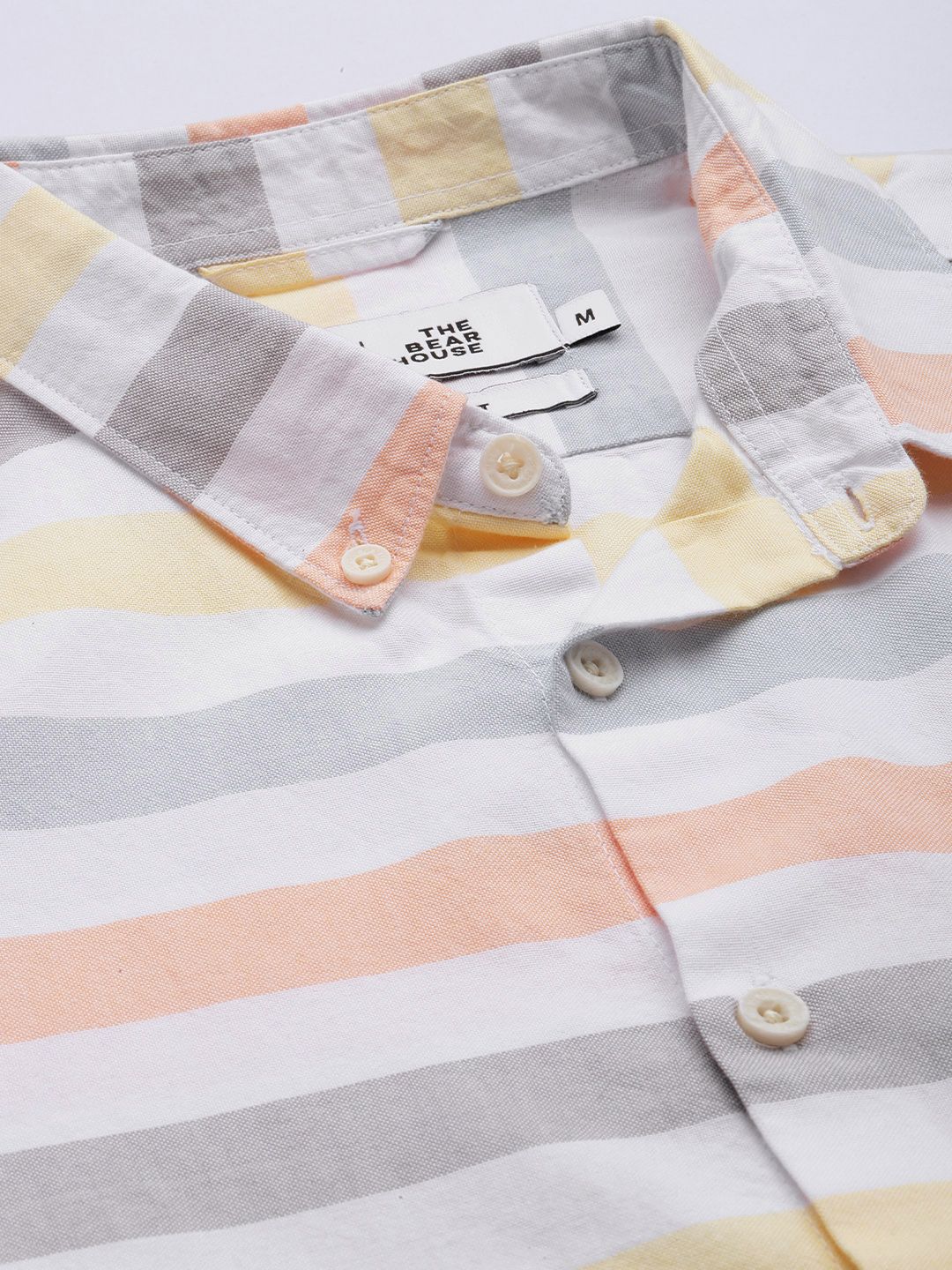 THE BEAR HOUSE Men White & Grey Pure Cotton Slim Fit Striped Casual Shirt