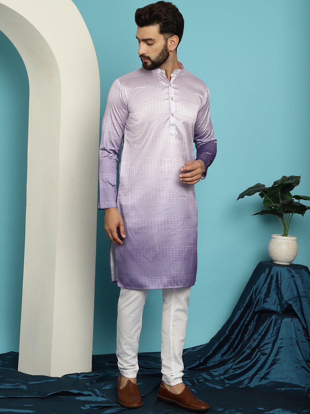SOJANYA Kolar Jalur Berjalur Lengan Panjang Kurta Biasa Dengan Churidar