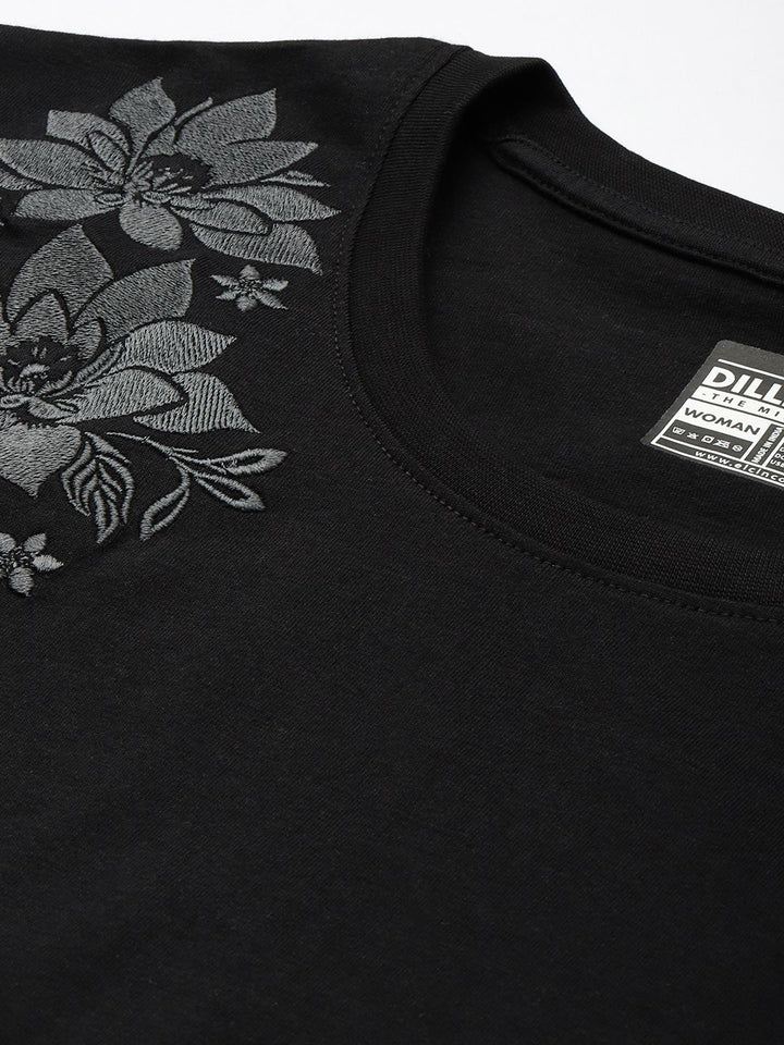 DILLINGER Women Boxy Regular Embroidery Crew Neck Tshirt
