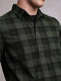 Locomotive Men Green Checked Regular Shirt