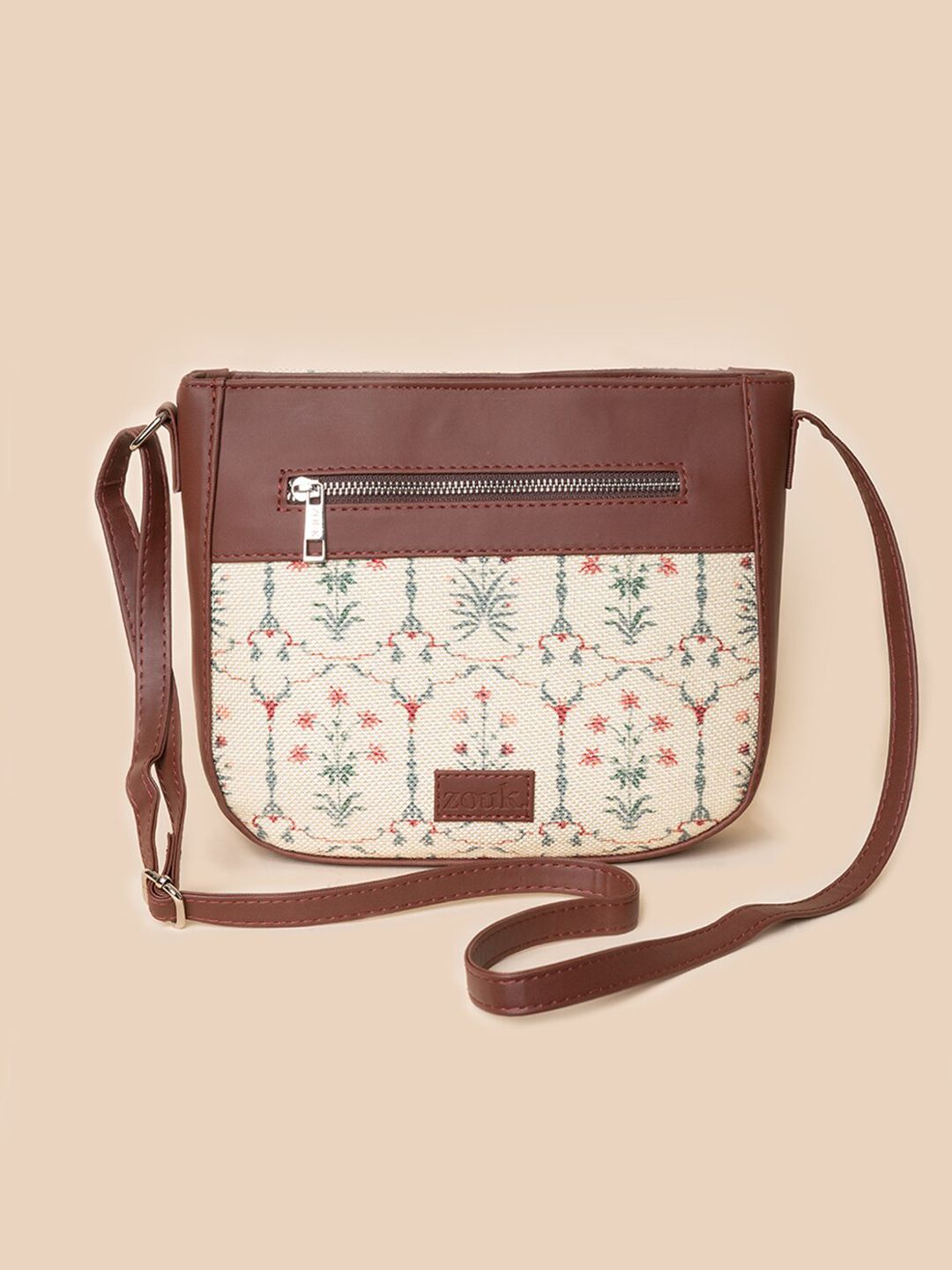 ZOUK Women Off White Ethnic Motifs Printed Structured Sling Bag