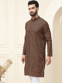SOJANYA Men Black & Mustard Yellow Ethnic Motifs Printed Cotton Kurta