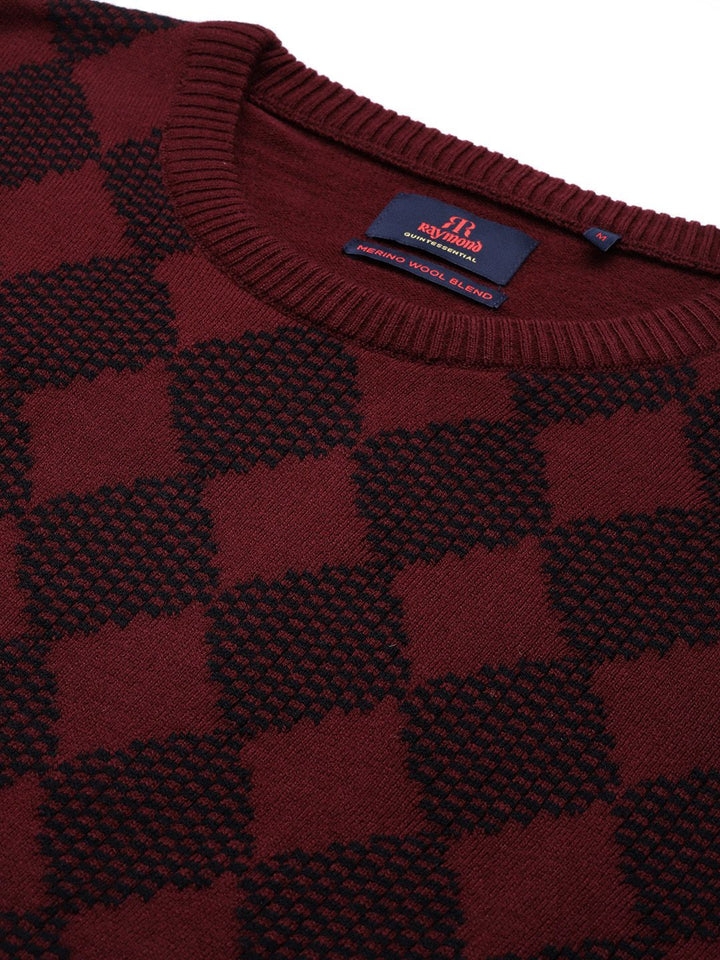 Raymond Men Maroon & Black Geometric Patterned Pullover