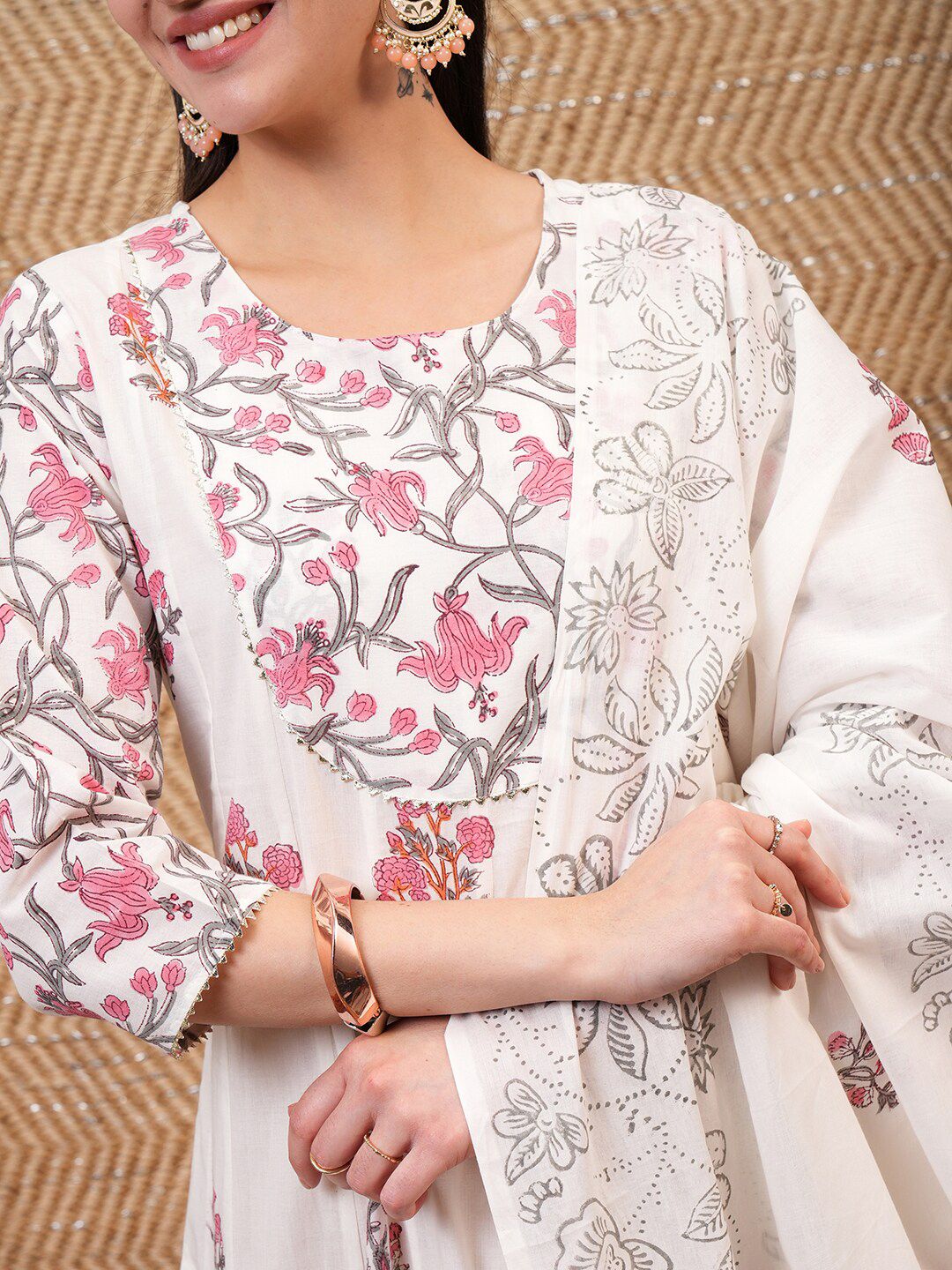 Vishudh White & Pink Floral Printed Pure Cotton Anarkali Kurta With Trouser & Dupatta