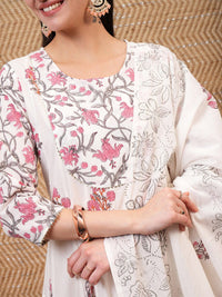 Vishudh White & Pink Floral Printed Pure Cotton Anarkali Kurta With Trouser & Dupatta