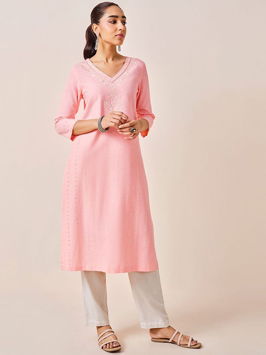 Global Desi Ethnic Motifs Embroidered A-Line Kurta