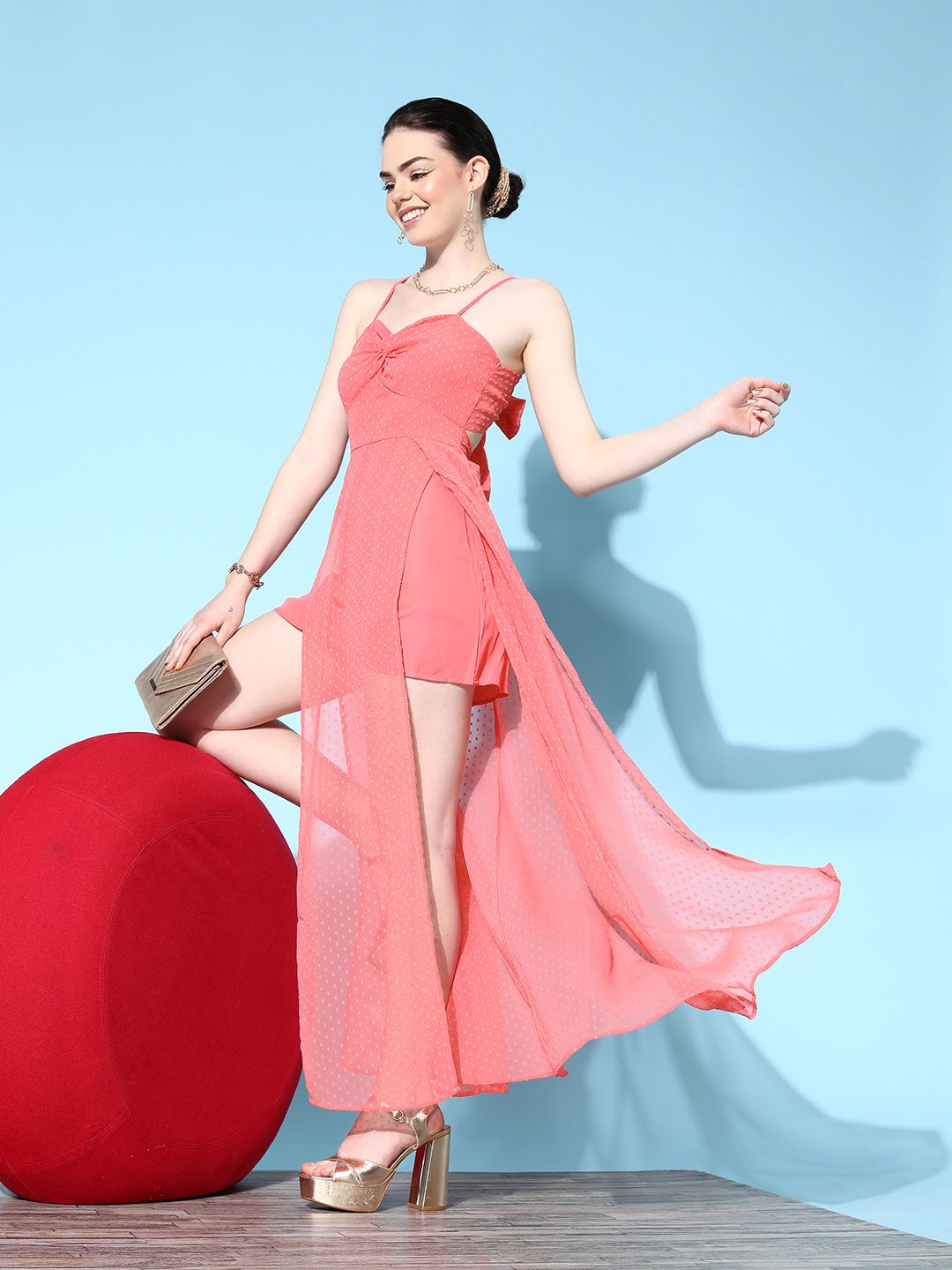 Berrylush Women Pink Twisted Front Cut Out Detail Georgette Cami Dress