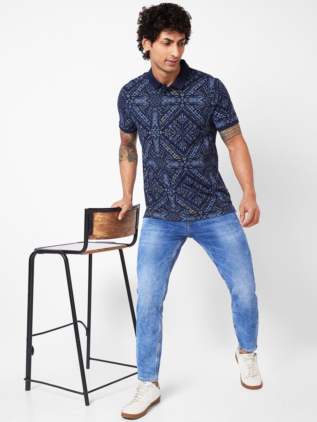SPYKAR Geometric Printed Polo Collar Slim Fit T-shirt