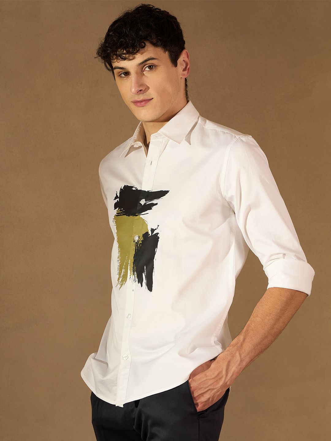 DENNISON Smart Abstract Printed Spread Collar Long Sleeve Cotton Shirt