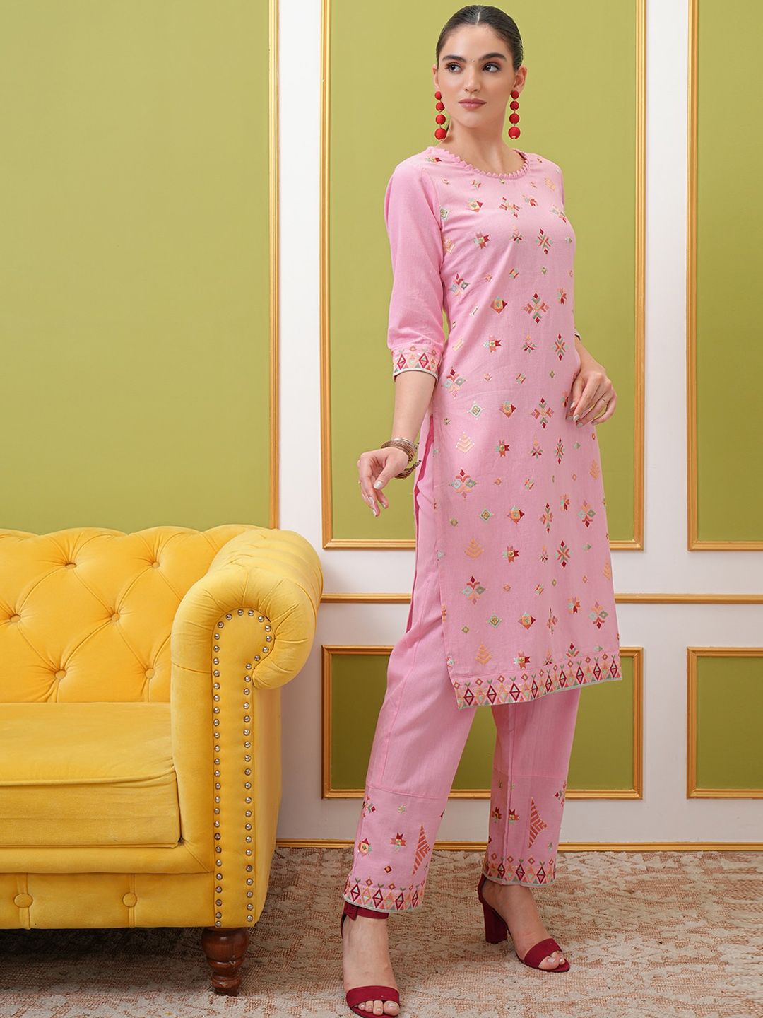 Vishudh Embroidered Regular Thread Work Pure Cotton Kurta with Trousers & With Dupatta