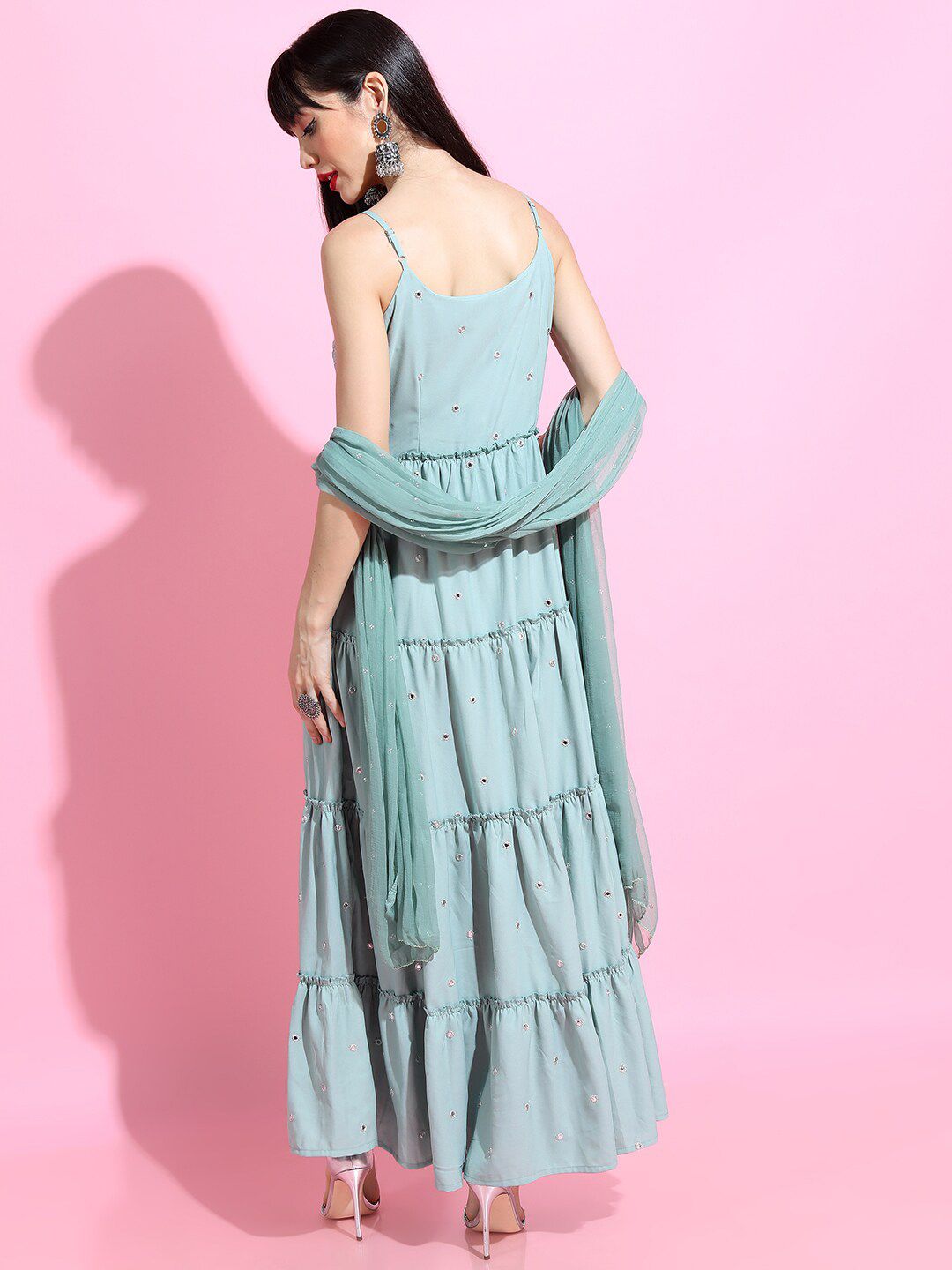 Vishudh Women Sea Green & Silver-Coloured Strappy Tiered Dress With Dupatta