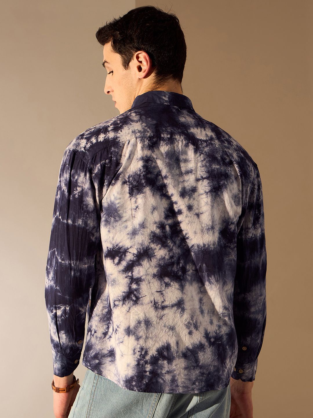 DENNISON Men Relaxed Spread Collar Dyed Cotton Oversized Casual Shirt