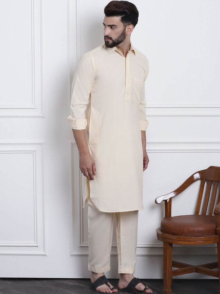 SOJANYA Shirt Collar Curved Hem Pathani Kurta with Salwar