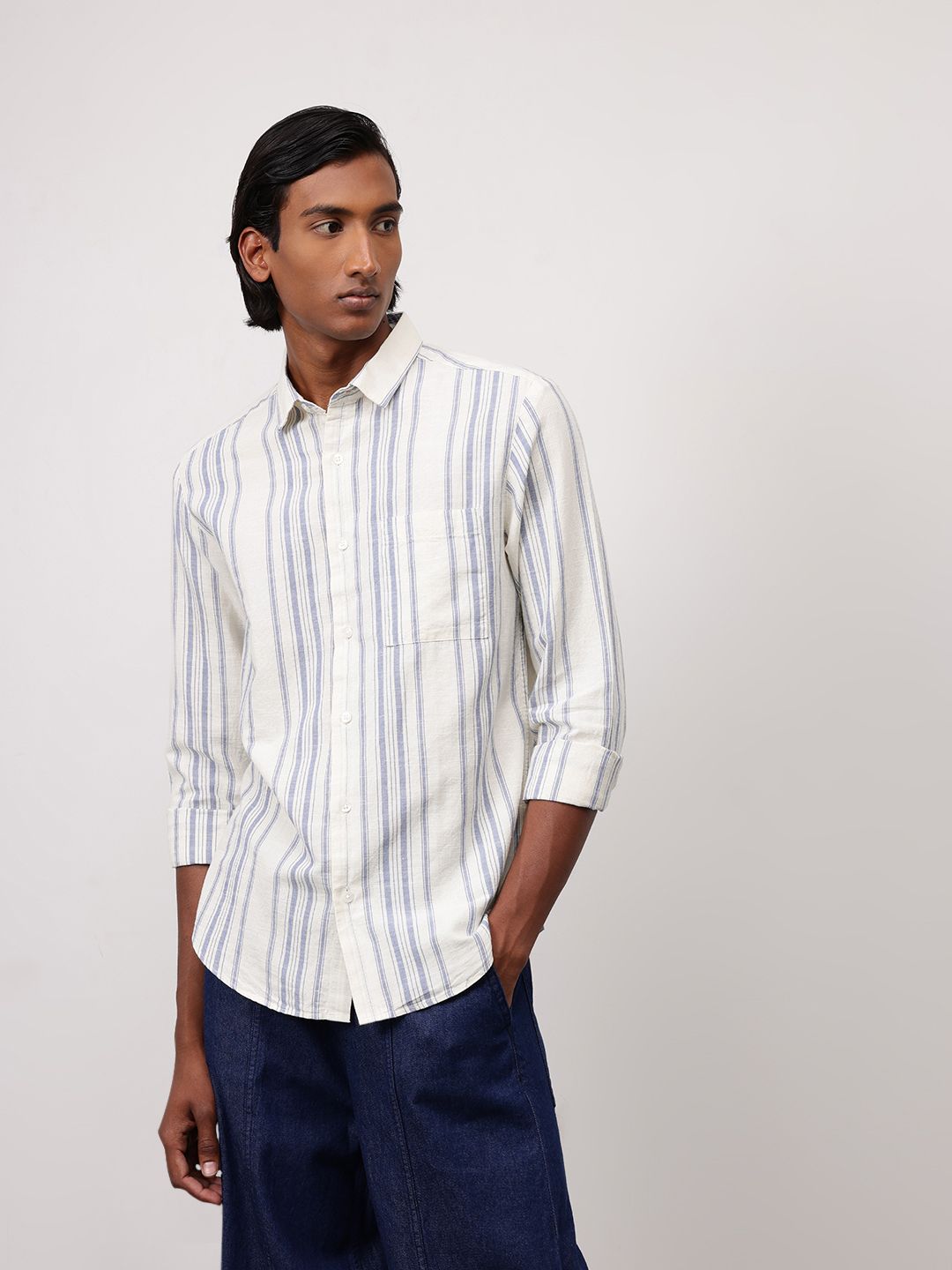ether Men Classic FitCotton Linen Striped Casual Shirt
