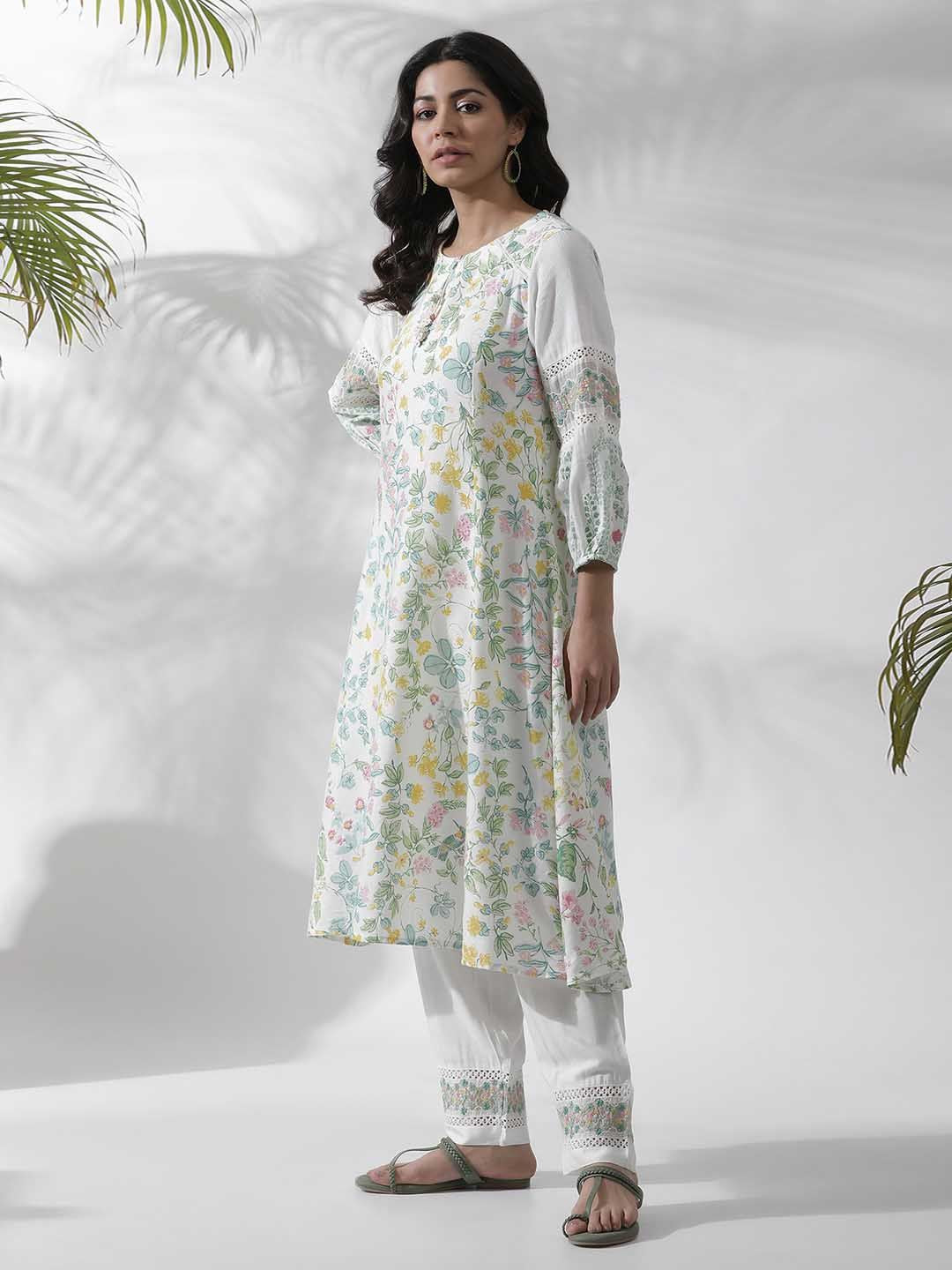 W Floral Printed Keyhole Neck Puff Sleeves A-Line Kurta