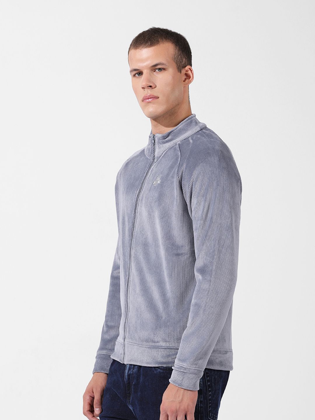 The Indian Garage Co Men's Regular Fit Self Design Corduroy Zip Up High Neck Sweatshirt