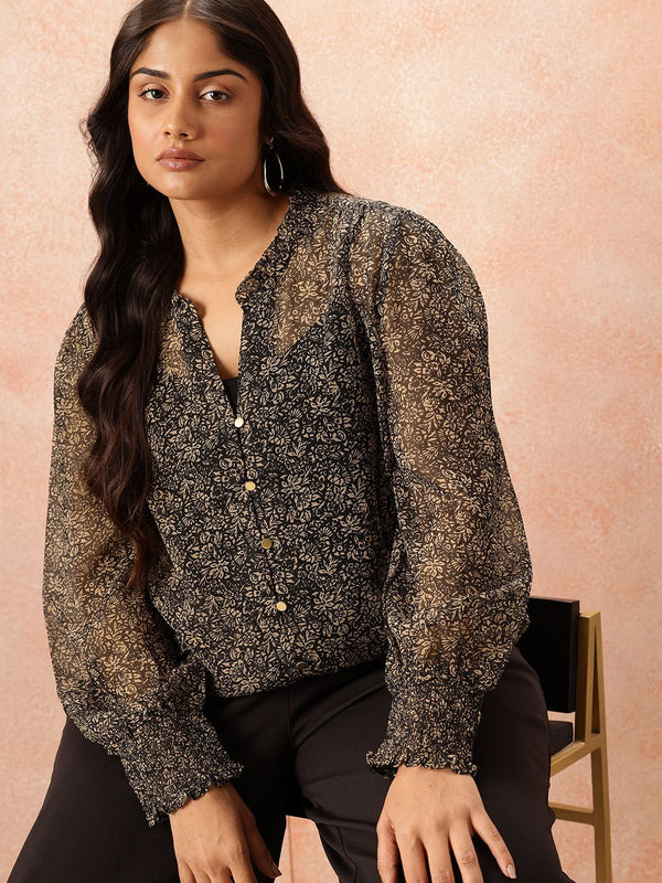 all about you Plus Size Floral Print Sheer Shirt Style Top