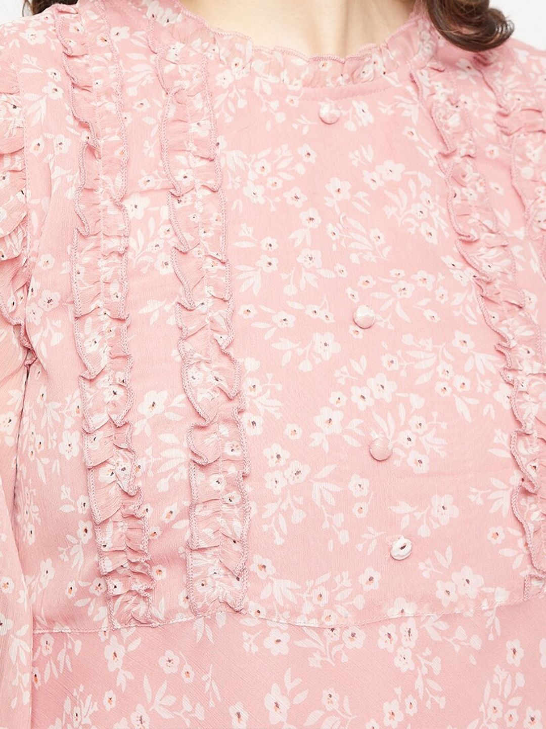 Antheaa Floral Printed Puff Sleeves Chiffon Top