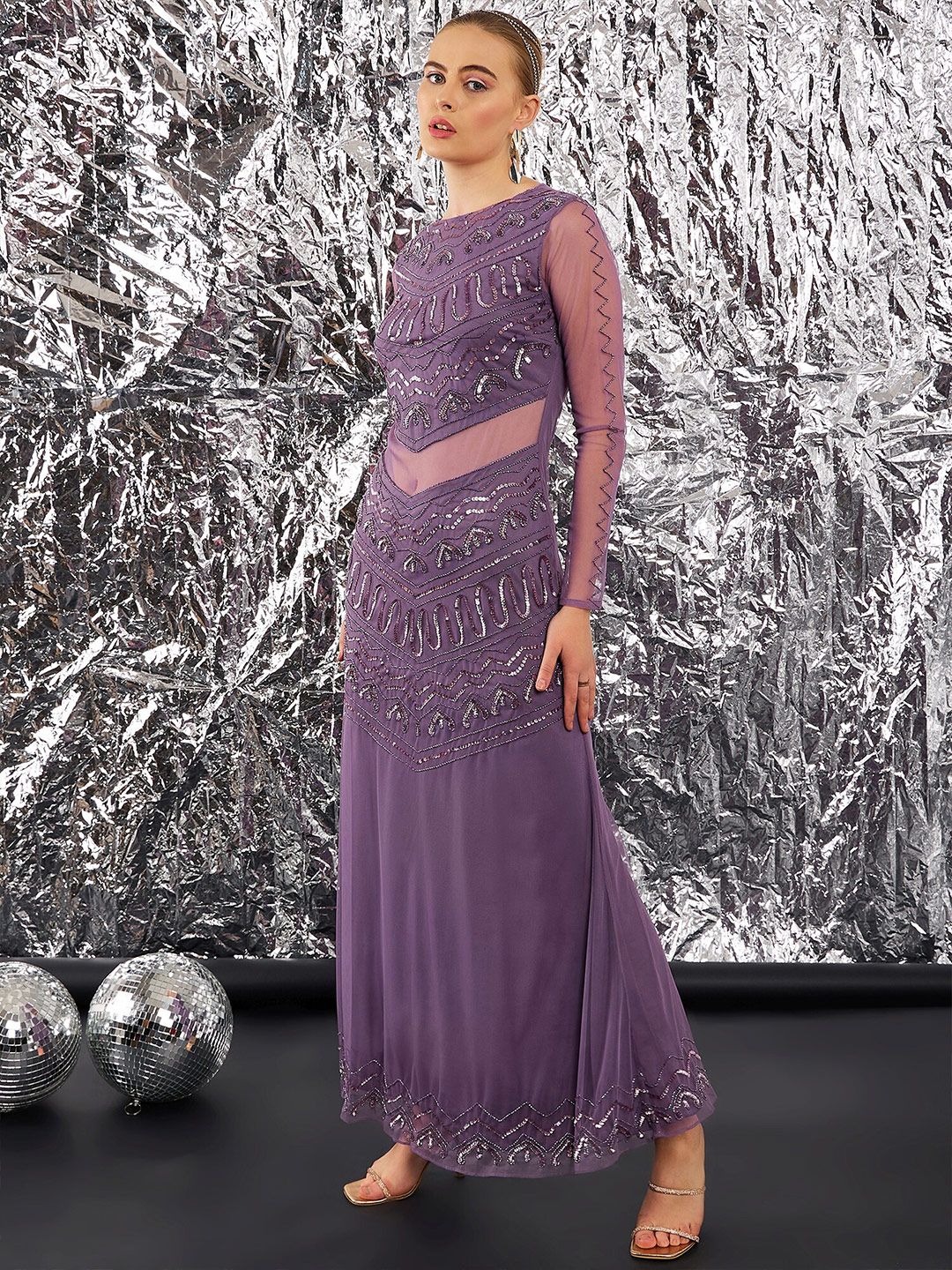 STREET 9 Lavender Print Lavender Embellished Net Sheath Dress