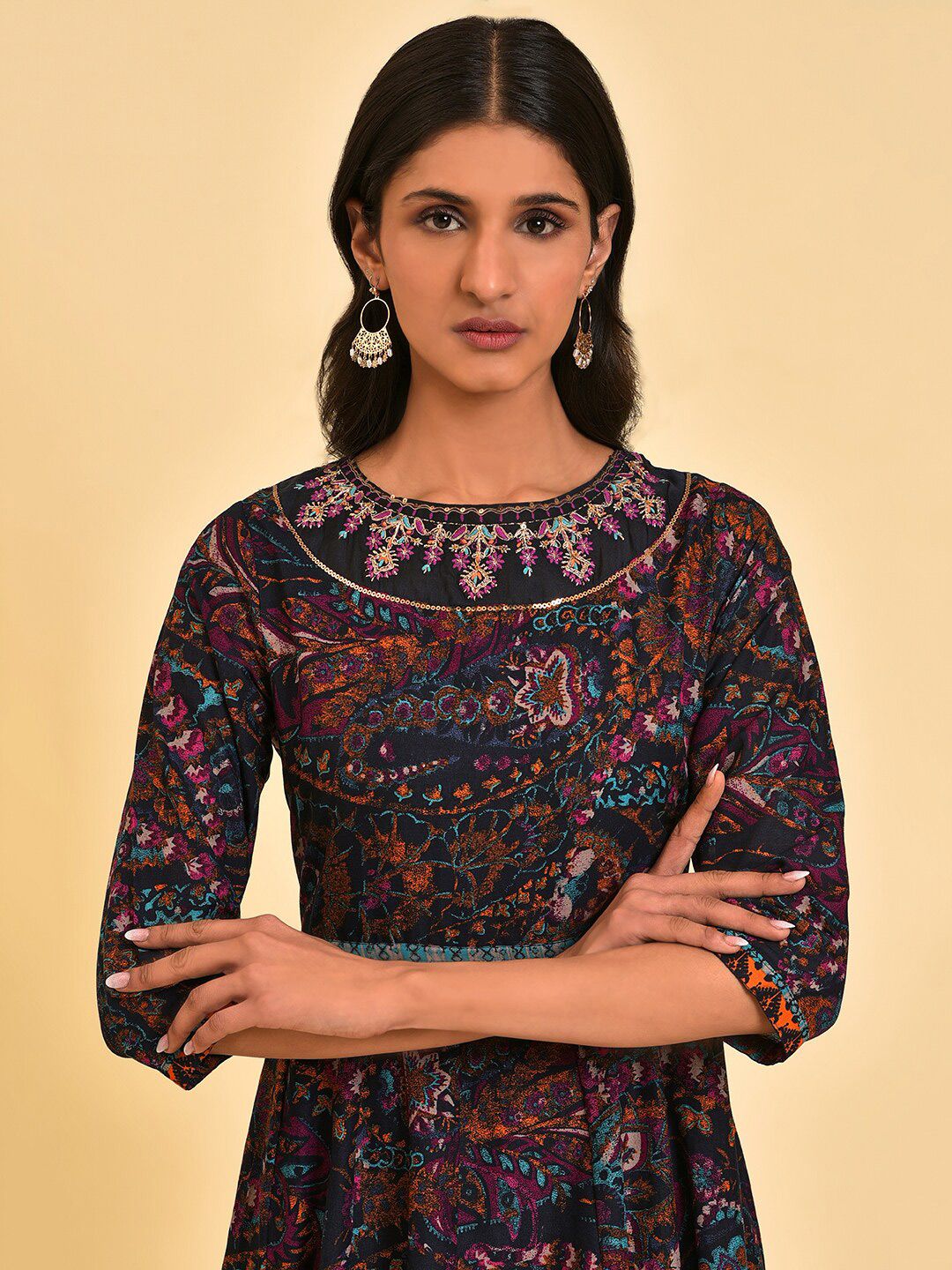 W Blue Ethnic Motifs Printed Embroidered Pure Cotton Maxi Ethnic Dress